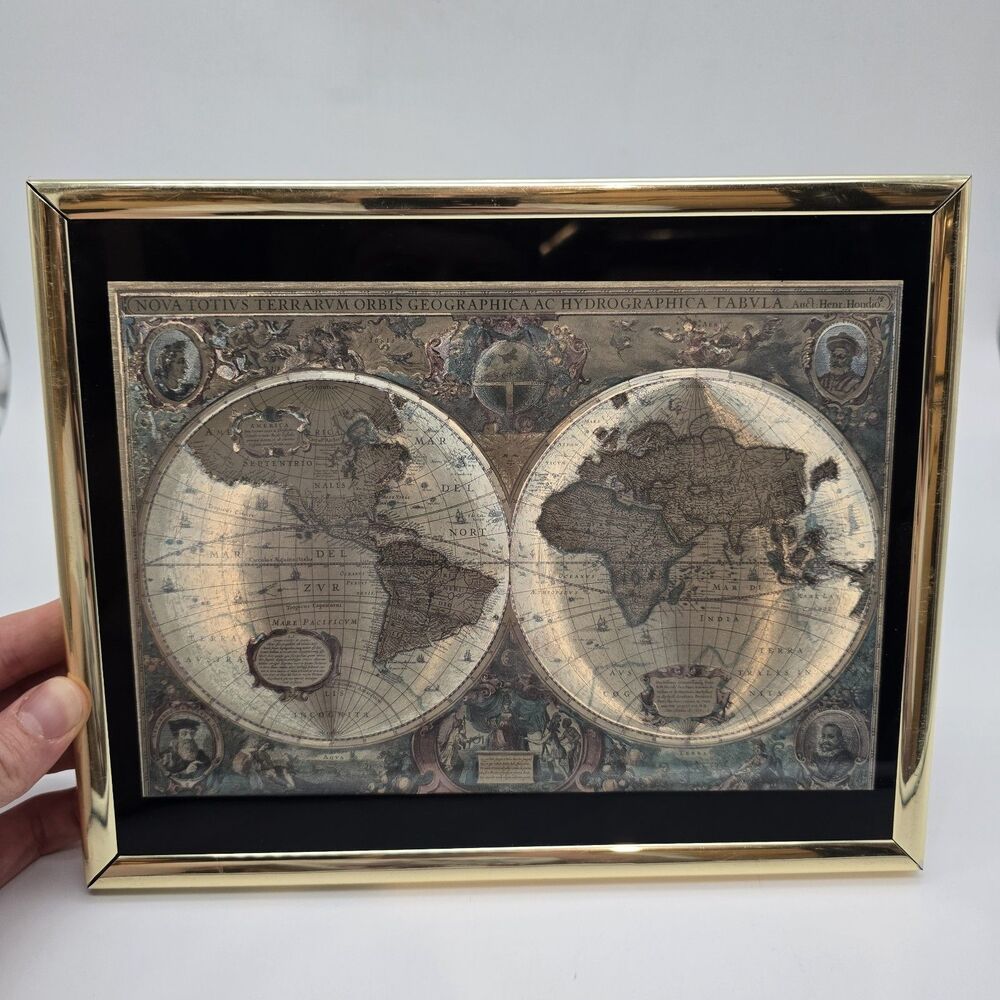 Framed Reproduction Of A Gold Foil Print Of 17th Century Map by Willem Blue